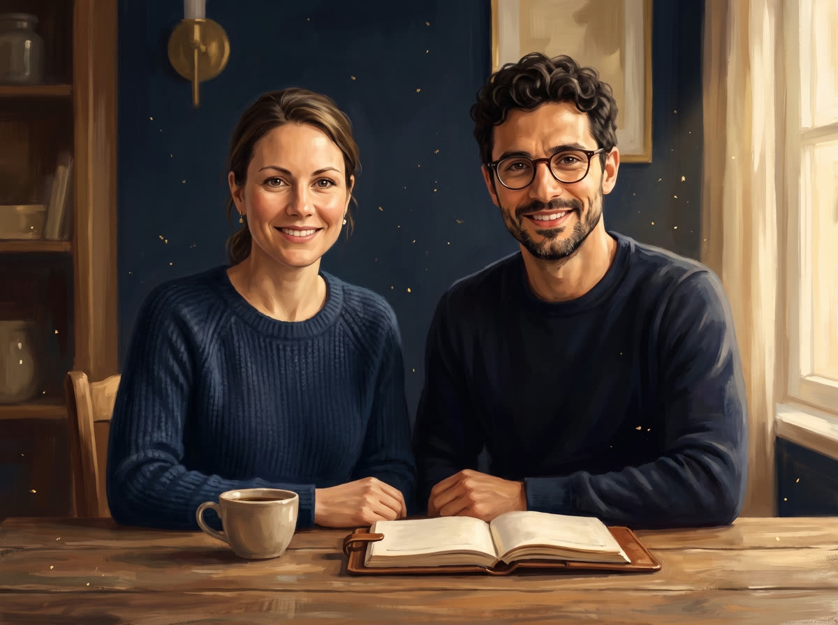 Lara und Milan, die beiden Gesichter aus den FinanzEinfach-Videos, am Holztisch mit Kaffee und Notizbuch