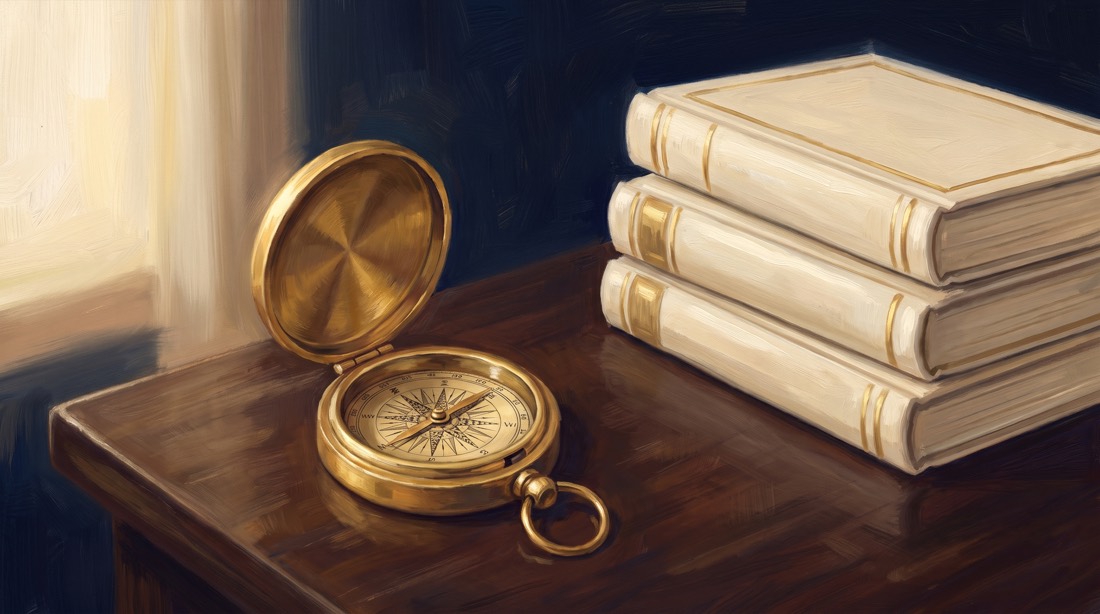 Illustration: goldener Kompass neben einem Stapel Bücher
