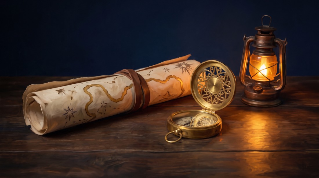 Illustration: Goldener Kompass neben einer Karte mit eingezeichnetem Weg