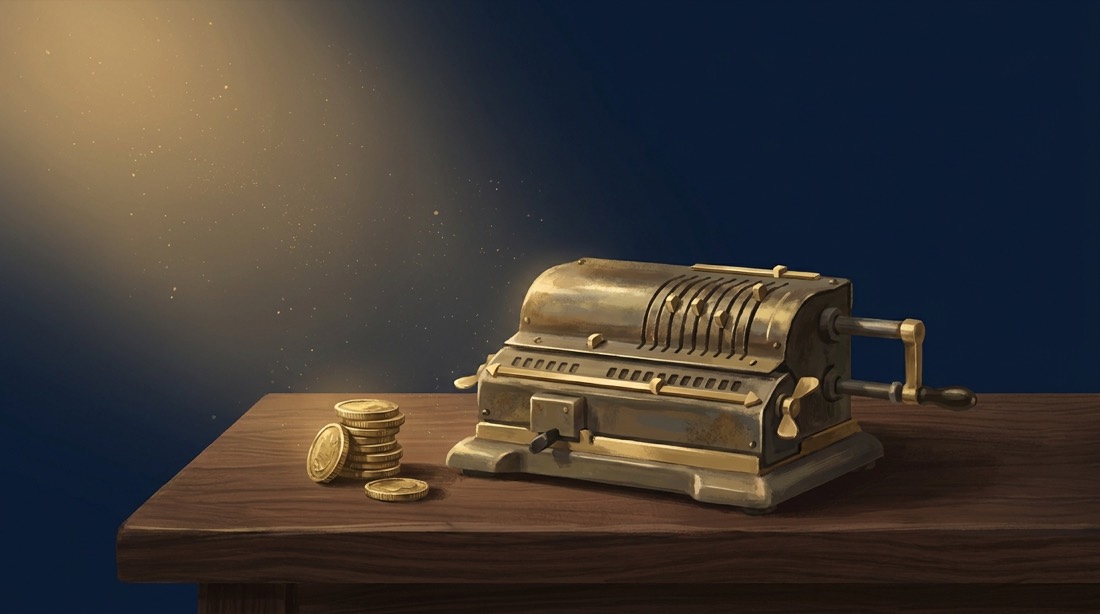 Illustration: alte Rechenmaschine mit Goldmünzen auf dunklem Holztisch