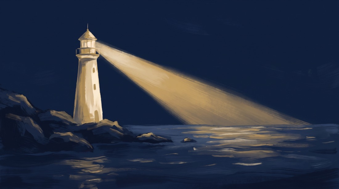 Illustration: Leuchtturm mit goldenem Lichtstrahl über ruhigem Wasser