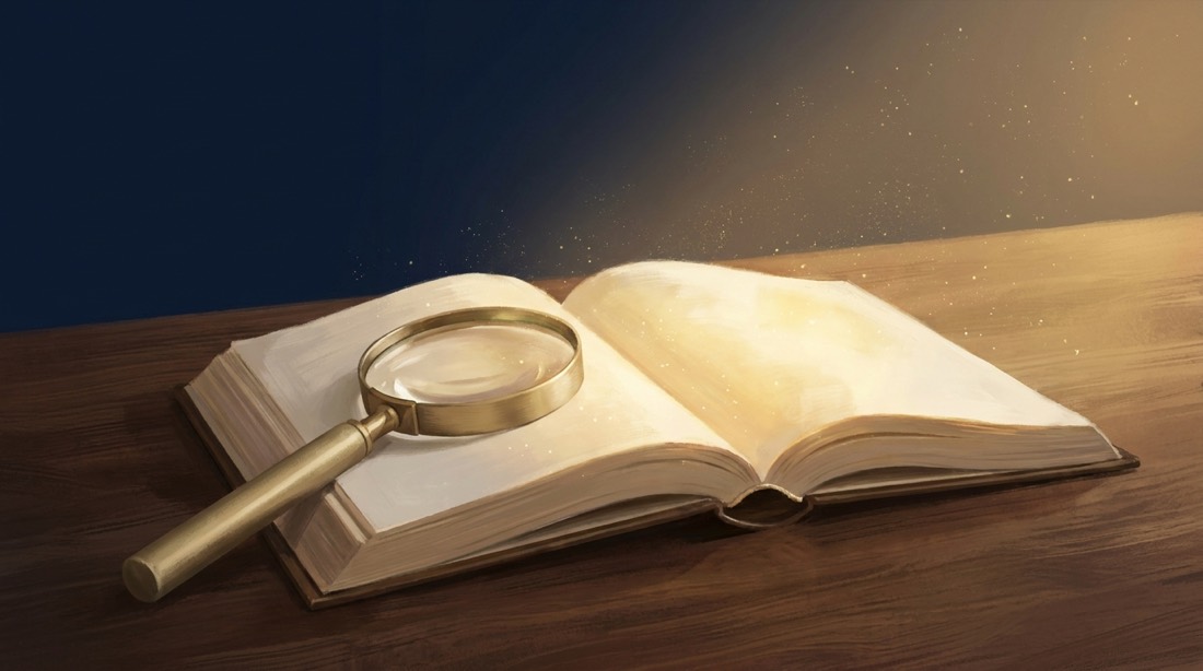 Illustration: aufgeschlagenes Buch mit goldener Lupe